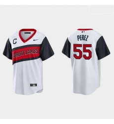 Men Cleveland Indians 55 Roberto Perez Men Nike White 2021 Little League Class Game MLB Jersey