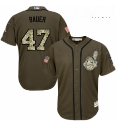 Mens Majestic Cleveland Indians 47 Trevor Bauer Replica Green Salute to Service MLB Jersey