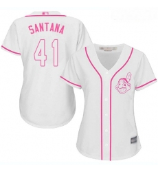 Indians #41 Carlos Santana White Pink Fashion Women Stitched Baseball Jersey