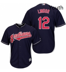 Youth Majestic Cleveland Indians 12 Francisco Lindor Replica Navy Blue Alternate 1 Cool Base MLB Jersey