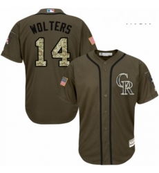 Mens Majestic Colorado Rockies 14 Tony Wolters Authentic Green Salute to Service MLB Jersey 