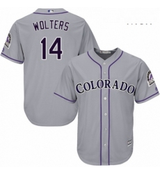 Mens Majestic Colorado Rockies 14 Tony Wolters Replica Grey Road Cool Base MLB Jersey 