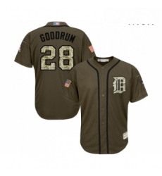 Mens Detroit Tigers 28 Niko Goodrum Authentic Green Salute to Service Baseball Jersey 