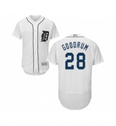 Mens Detroit Tigers 28 Niko Goodrum White Home Flex Base Authentic Collection Baseball Jersey