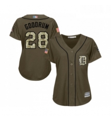 Womens Detroit Tigers 28 Niko Goodrum Authentic Green Salute to Service Baseball Jersey 