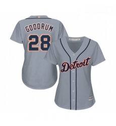 Womens Detroit Tigers 28 Niko Goodrum Replica Grey Road Cool Base Baseball Jersey 