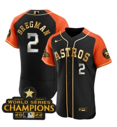 Men Houston Astros 2 Alex Bregman 2023 Black Gold V2 Alternate Flex Base Stitched Baseball Jersey
