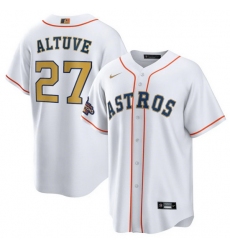 Men Houston Astros 27 Jose Altuve White 2023 Gold Collection With World Serise Champions Patch Cool Base Stitched Baseball Jersey