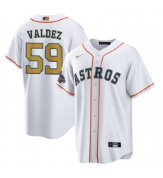 Men Houston Astros 59 Framber Valdez White Gold Cool Base Stitched Baseball Jersey