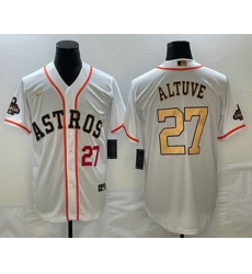 Mens Houston Astros #27 Jose Altuve Number 2023 White Gold World Serise Champions Patch Cool Base Stitched Jersey