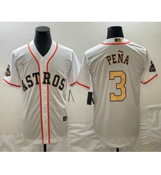 Men's Houston Astros #3 Jeremy Pena 2023 White Gold World Serise Champions Patch Cool Base Stitched Jersey