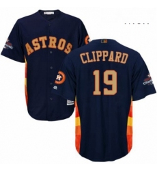 Mens Majestic Houston Astros 19 Tyler Clippard Replica Navy Blue Alternate 2018 Gold Program Cool Base MLB Jersey 