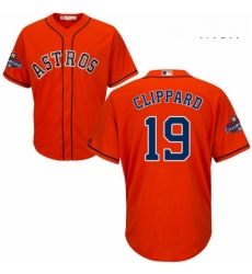 Mens Majestic Houston Astros 19 Tyler Clippard Replica Orange Alternate 2017 World Series Champions Cool Base MLB Jersey 