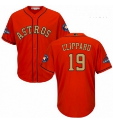 Mens Majestic Houston Astros 19 Tyler Clippard Replica Orange Alternate 2018 Gold Program Cool Base MLB Jersey 