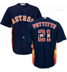 Mens Majestic Houston Astros 21 Andy Pettitte Authentic Navy Blue Team Logo Fashion Cool Base MLB Jersey