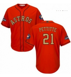 Mens Majestic Houston Astros 21 Andy Pettitte Replica Orange Alternate 2018 Gold Program Cool Base MLB Jersey