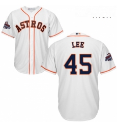 Mens Majestic Houston Astros 45 Carlos Lee Replica White Home 2017 World Series Champions Cool Base MLB Jersey