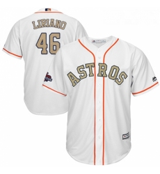 Mens Majestic Houston Astros 46 Francisco Liriano Replica White 2018 Gold Program Cool Base MLB Jersey 