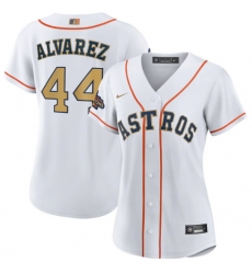 Women Houston Astros 44 Yordan Alvarez White 2023 Gold Collection With World Serise Champions Patch Stitched Jersey