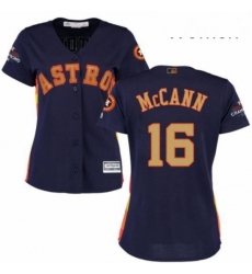 Womens Majestic Houston Astros 16 Brian McCann Authentic Navy Blue Alternate 2018 Gold Program Cool Base MLB Jersey