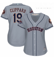 Womens Majestic Houston Astros 19 Tyler Clippard Authentic Grey Road 2017 World Series Champions Cool Base MLB Jersey 