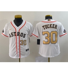 Youth Houston Astros 30 Kyle Tucker White 2023 Gold Collection With World Serise Champions Patch Stitched Baseball Jersey