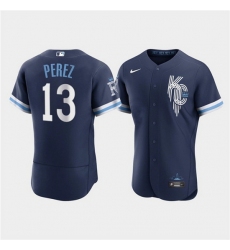 Men Kansas City Royals 13 Salvador Perez 2022 Navy City Connect Flex Base Stitched MLB Jerse