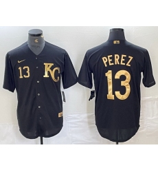 Men Kansas City Royals 13 Salvador Perez Black Gold Cool Base Stitched Jersey 2