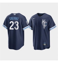 Men Kansas City Royals 23 Zack Greinke 2022 Navy City Connect Cool Base Stitched jersey