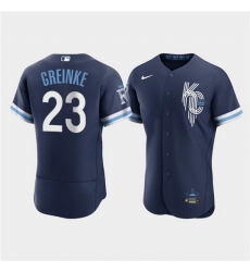 Men Kansas City Royals 23 Zack Greinke 2022 Navy City Connect Flex Base Stitched MLB Jerse