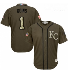 Mens Majestic Kansas City Royals 1 Ryan Goins Authentic Green Salute to Service MLB Jersey 
