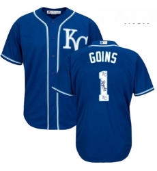 Mens Majestic Kansas City Royals 1 Ryan Goins Blue Authentic Blue Team Logo Fashion Cool Base MLB Jersey 