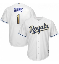 Mens Majestic Kansas City Royals 1 Ryan Goins Replica White Home Cool Base MLB Jersey 
