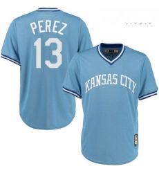 Mens Majestic Kansas City Royals 13 Salvador Perez Authentic Light Blue Cooperstown MLB Jersey
