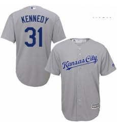 Mens Majestic Kansas City Royals 31 Ian Kennedy Replica Grey Road Cool Base MLB Jersey