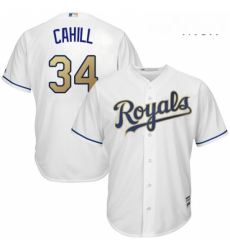Mens Majestic Kansas City Royals 34 Trevor Cahill Replica White Home Cool Base MLB Jersey 