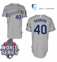 Mens Majestic Kansas City Royals 40 Kelvin Herrera Authentic Grey Road Cool Base 2015 World Series Patch MLB Jersey