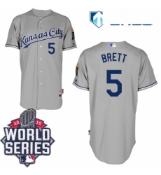 Mens Majestic Kansas City Royals 5 George Brett Authentic Grey Road Cool Base 2015 World Series