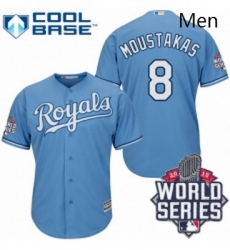 Mens Majestic Kansas City Royals 8 Mike Moustakas Replica Light Blue Alternate 1 Cool Base 2015 World Series