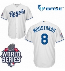 Mens Majestic Kansas City Royals 8 Mike Moustakas Replica White Home Cool Base 2015 World Series