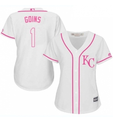 Womens Majestic Kansas City Royals 1 Ryan Goins Replica White Fashion Cool Base MLB Jersey 