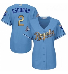 Womens Majestic Kansas City Royals 2 Alcides Escobar Authentic Light Blue 2015 World Series Champions Gold Program Cool Base MLB Jersey
