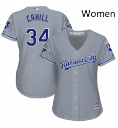 Womens Majestic Kansas City Royals 34 Trevor Cahill Replica Grey Road Cool Base MLB Jersey 