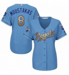 Womens Majestic Kansas City Royals 8 Mike Moustakas Authentic Light Blue 2015 World Series Champions Gold Program Cool Base MLB Jersey