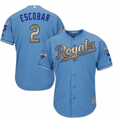 Youth Majestic Kansas City Royals 2 Alcides Escobar Authentic Light Blue 2015 World Series Champions Gold Program Cool Base MLB Jersey