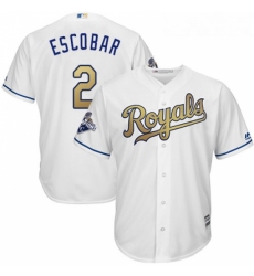 Youth Majestic Kansas City Royals 2 Alcides Escobar Authentic White 2015 World Series Champions Gold Program Cool Base MLB Jersey
