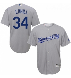 Youth Majestic Kansas City Royals 34 Trevor Cahill Replica Grey Road Cool Base MLB Jersey 