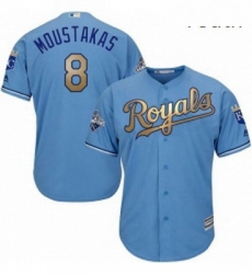 Youth Majestic Kansas City Royals 8 Mike Moustakas Authentic Light Blue 2015 World Series Champions Gold Program Cool Base MLB Jersey
