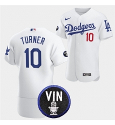 Men Los Angeles Dodgers 10 Justin Turner 2022 White Vin Scully Patch Flex Base Stitched Baseball Jersey