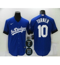 Men Los Angeles Dodgers 10 Justin Turner Blue 2 20 Patch City Connect Cool Base Stitched Jersey